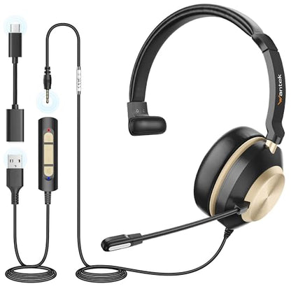 Wantek USB Headset with Microphone, Type-c/USB/3.5mm Jack 3-in-1 PC Headsets, Single Ear (Monaural) Headsets with Noise Cancelling and Volume Control for Call Centers, Skype, Zoom, Office,Business - style: 881
