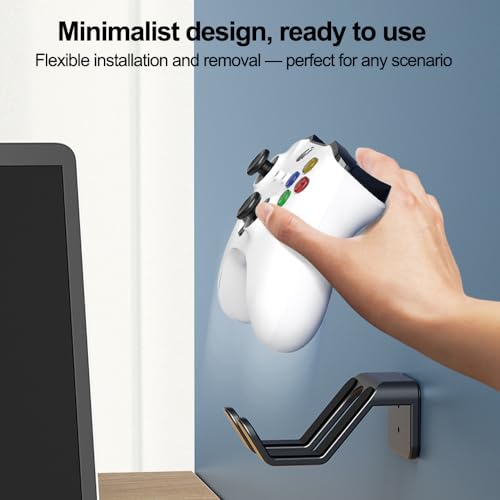Game Controller Holder, Adhesive Headphone Holder Wall Mount with Dual Hook for Gaming Accessories, Headset and Controller Stand, Desk Hook and Space Saving Organization, Black