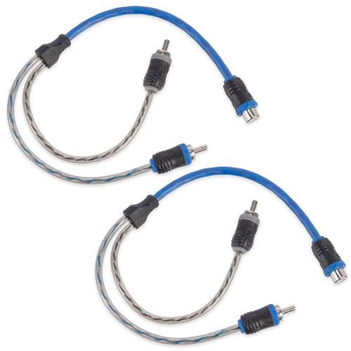 NVX® XIV2M Oxygen Free Copper 1 Female to 2 Male Y-Adapter Twisted Pair V-Series Car Audio RCA Audio Interconnect Cable with Shielded Noise Reduction and Split-tip Silver-Plated Ends (2-Pack) | Oxygen Free Copper Twisted Pair V-Series with Shielded Noise