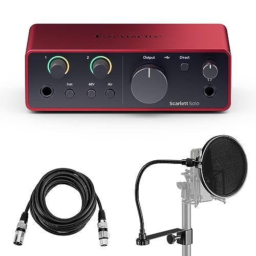 Focusrite Scarlett Solo 4th Gen USB Interface with Software Suite, Bundle With H&A Pop Filter, XLR M to F Cable 10'