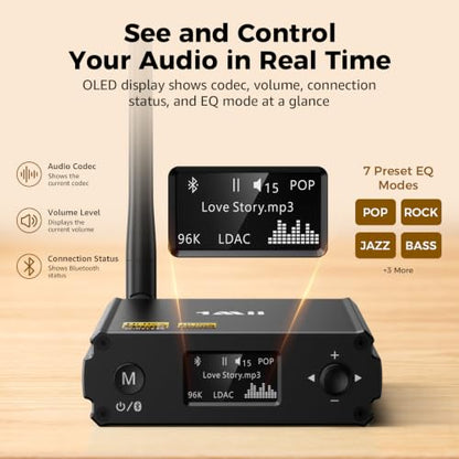 1Mii DS220 Bluetooth Receiver for Home Stereo, Hi-Res LDAC & aptX HD HiFi Audio Adapter with Audiophile DAC, Optical/RCA Outputs for Stereo System, Amplifier, OLED Display, 7 EQ