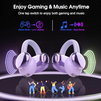 Open Ear Earbuds Wireless Clip on Headphones Bluetooth 5.4 Ear Buds with DNN Noise Cancelling, 48H Playtime, Low Latency, Fashion Design, Secure Fit, Clear Sound for Music & Calls (Purple) - color: Purple