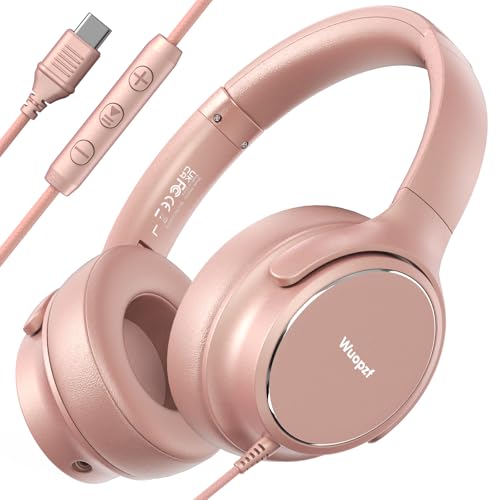 USB C Wired Over-Ear Headphones with Microphone | Volume Control, Share Port, Adjustable Headband Foldable Stereo Headset for Adult/Teens for iPhone 16, Laptop, Gaming, Travel - color: New Rose Gold
