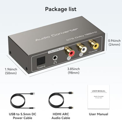 HDMI ARC to RCA Audio Converter 3 in 1 Digital to Analog Audio Converter with Optical Coaxial ARC Input Toslink Coaxial RCA AUX Output Support Dolby DTS LPCM for TV Soundbar Home Theater