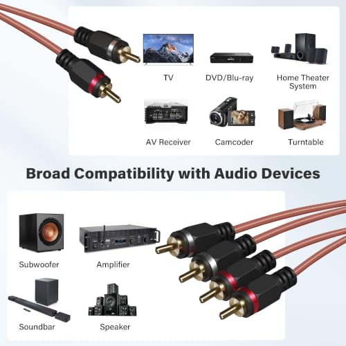 2 to 4 Channel Male RCA Car Audio Cable 20 Ft, Bi-Directional Y Splitter RCA Adapter Interconnect Cord, OFC Shielded Gold-Plated for Hi-Fi Systems, Home Theater, Car Stereo, Amplifiers, Speakers-Brown - size: 20FT