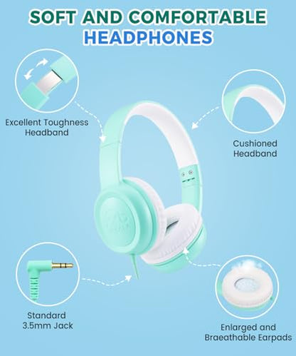 UKELALA C3 Kids Headphones Wired, On-Ear Wired Head Phones for Boys Girls with 3.5mm Jack, Foldable, Adjustable Headband, Child Headphone for School Home Airplane Tablet Teal - color: Teal