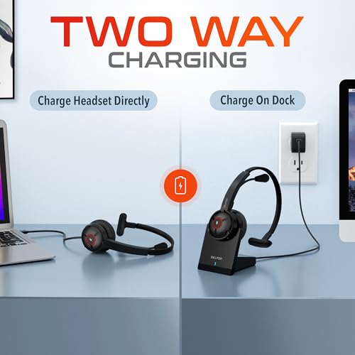 Delton 50X Noise Canceling Bluetooth Computer Headset with Charging Dock | Wireless headset for Laptop/PC/iMac/Tablet/Smartphones, Compatible with MS Teams, Zoom, Google Meet, Slack and More - Black