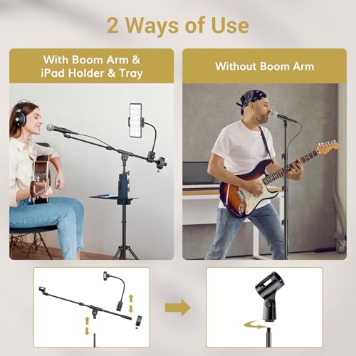 TONOR Microphone Stand with Tablet Holder, Tripod Boom Arm for Floor, Adjustable Height and Angle, Stand with Carrying Bag, Pad Clamp, Max 190 cm/74.8inch, High Compatibility, Cup Tray, T35+ - style: Mic Stand with Tray
