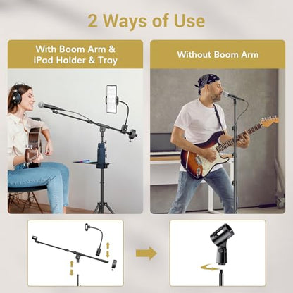 TONOR Microphone Stand with Tablet Holder, Tripod Boom Arm for Floor, Adjustable Height and Angle, Stand with Carrying Bag, Pad Clamp, Max 190 cm/74.8inch, High Compatibility, Cup Tray, T35+ - style: Mic Stand with Tray