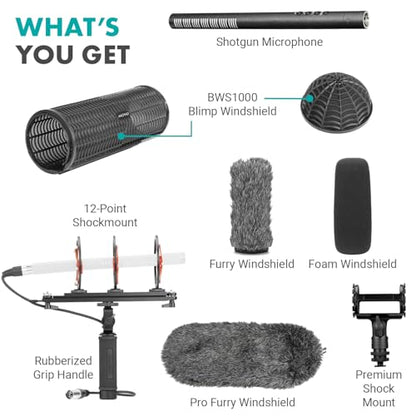 Movo Shotgun Blimp Microphone Bundle - Powerful XLR Microphone for Camera - Video Mic for DSLR Camera Accessories - Shotgun Mic Grip for Boom Mic - Blimp with XLR Cables - Pro Video Equipment