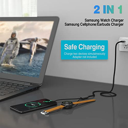 2 in 1 USB-C Magnetic Galaxy Watch Charger for Samsung Galaxy Watch 7/6/5/4/3/Classic, Pro 5/4, Active Watch 2/1, Galaxy Buds/Live/+, 5ft Fast Charging Cable for Galaxy S22/21/20/10 (Max 12W)