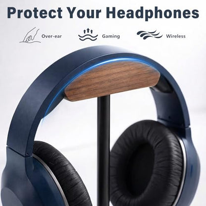 Wood & Metal Headphone Stand, Headset Holder for Desk, Desktop Gaming Headphone Hanger with Stable Non-Slip Bamboo Base, Universal Earphone Stand for Gaming, Office, Home, Gift - color: Black walnut