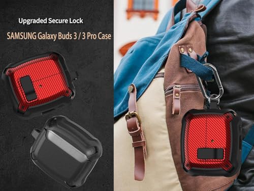 Galaxy Buds 3 Pro/3/3 FE Case Cover with Secure Lock Clip, Shockproof Samsung Galaxy Buds3/3 Pro 2024/3 FE 2025 Protective Hard Cover Shell with Carabiner&Cleaner kit for Men Women, CF Black/Red - color: AA-Black/Red