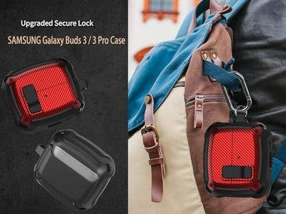 Galaxy Buds 3 Pro/3/3 FE Case Cover with Secure Lock Clip, Shockproof Samsung Galaxy Buds3/3 Pro 2024/3 FE 2025 Protective Hard Cover Shell with Carabiner&Cleaner kit for Men Women, CF Black/Red - color: AA-Black/Red