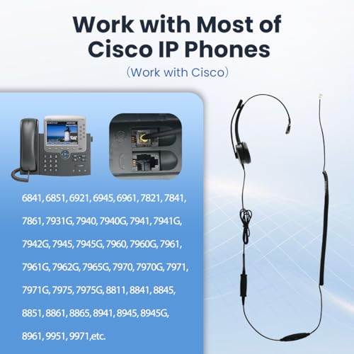 VT RJ9 Headset for Cisco-IP-Phones - Telephone Headset with Noise Cancelling Mic with Mute&Volume Control 7841,7861,7945G 7965G,7975G,8811,8851,8865(6800/6900/7800/7900/8800/8900/9900 Series)