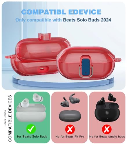 [Upgrade Secure Lock] for Beats Solo Buds 2024 Case Cover with Cleaner Kit, AGENTNANO Clear TPU Shockproof Protective Cover Compatible with Beats Solo Buds Charging Case with Carabiner-Clear Red - color: Clear Red