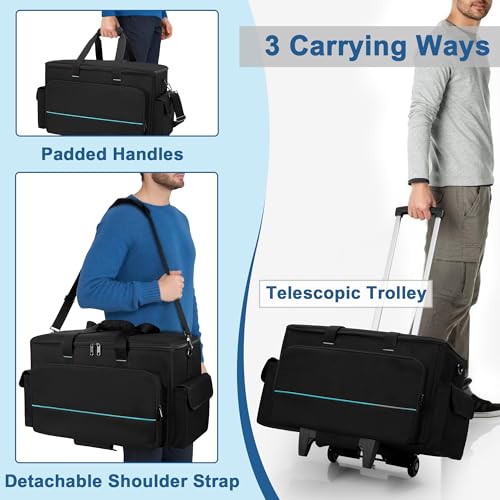 HODRANT Large Rolling DJ Cable Bag with Detachable Trolley & Divider | Padded Gig Bag, Music Gear Case with Multi Pockets for 15.6" Laptop, DJ Gear, Musical Instrument, Sound Equipment Storage