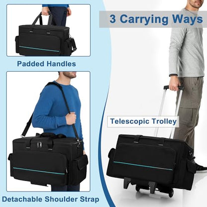 HODRANT Large Rolling DJ Cable Bag with Detachable Trolley & Divider | Padded Gig Bag, Music Gear Case with Multi Pockets for 15.6" Laptop, DJ Gear, Musical Instrument, Sound Equipment Storage