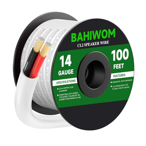 White Speaker Wire 14 Gauge 100FT CL2 Rated CCA Speaker Cable | Flexible PVC Jacket 2 Conductors Red & Black Polarity Mark for Home Theater,Indoor,In-Wall,In-Ceiling & Marine - size: 100 FT, style: 14GAUGE