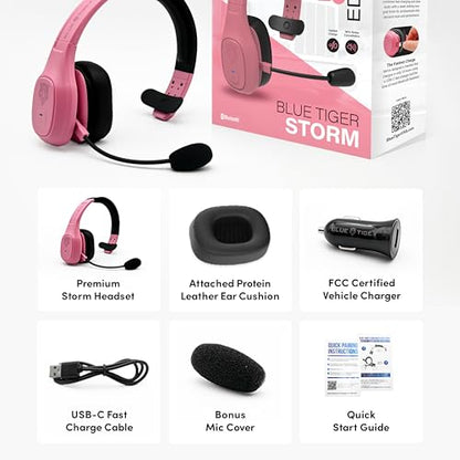 Blue Tiger Storm Rose Gold- Wireless Trucker Bluetooth Headset with Mic | Mono headset with mic, wireless noise canceling, high-fidelity sound, 30-hour talk time, USB-C charging, Bluetooth 5.0 - color: Rose Gold, style: Storm Rose Gold