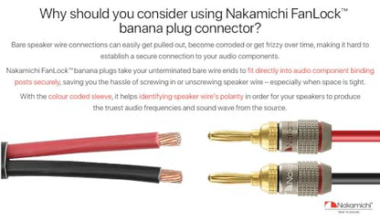 Nakamichi FanLock Excel Series 24k Gold Plated Banana Plugs, 10-18 AWG | Gauge Size 4mm for Speakers Amplifier Hi-Fi Stereo Radio AV Receiver Audio Wire Cable Quick Connector, 2 Pcs (1-Pair) - size: 2 Pcs (1-Pair)