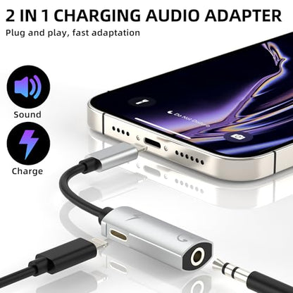 for iPhone Aux Adapter for 14 13 Pro Max Lightning to 3.5mm Headphone Jack (2in1) for Apple Audio Charger Splitter Lighting Connection Auxiliary Earbuds Converter Adaptor Double Cable Car Mfi Dongle