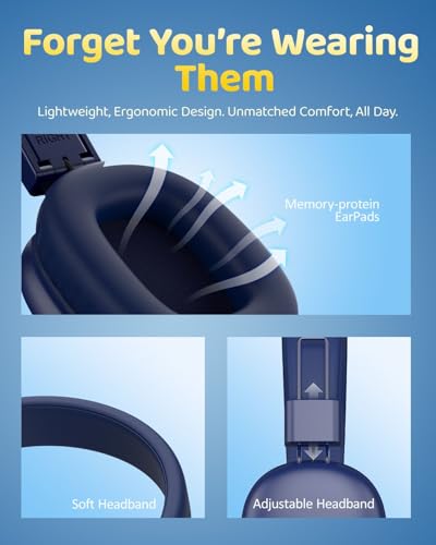 awatrue Kids Over-Ear Bluetooth Headphones, 85dBA Safe Volume, Navy Blue | Built-in Microphone, Bluetooth 5.4, Foldable, 50H Playtime, USB-C Charging - color: NavyBlue