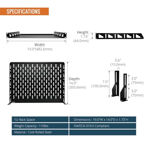 Tecmojo 1U Rack Shelf,19 inch Rack Shelf 14 inch Depth,Rack Mount Shelf with Anti-Slip Stops,Server Rack Shelf and Network Shelf for 19in Equipments, 110lbs Capacity of Vented 1U Shelf,No Lip(2 Pack) - size: 14 in/2pack