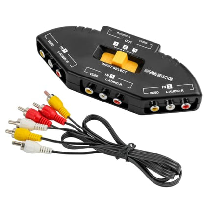 RCA Cable Switcher 3 in 1 Out -Composite AV Video Audio Splliter Compatible with PS1/PS2/PS3, STB Game Consoles, DVD, Projector and More
