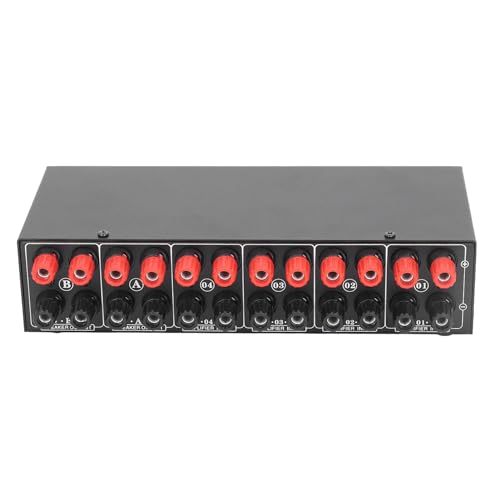 Passive Selector Switch 4 Amplifier in 2 Speaker Out Audio Selector Box, Manual Button Switch for Stereo System, 300W per Channel, Aluminum Alloy Housing with Banana Plug