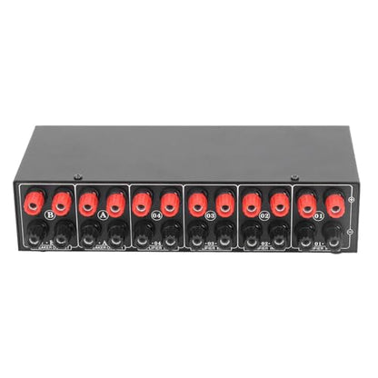 Passive Selector Switch 4 Amplifier in 2 Speaker Out Audio Selector Box, Manual Button Switch for Stereo System, 300W per Channel, Aluminum Alloy Housing with Banana Plug
