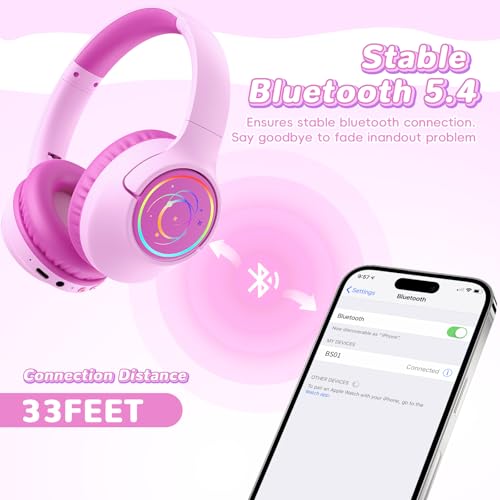 Kids Bluetooth Headphones, 85H Playtime for Toddler, Fuscia Pink with LED - color: Fuscia Pink
