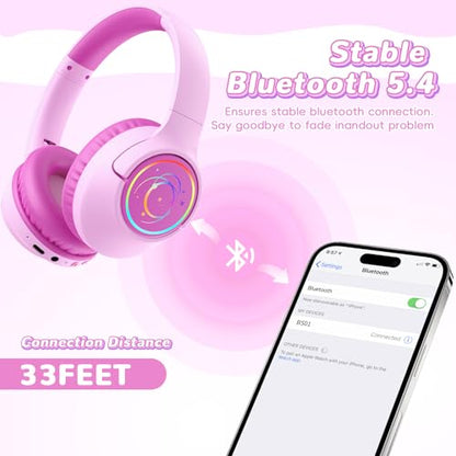 Kids Bluetooth Headphones, 85H Playtime for Toddler, Fuscia Pink with LED - color: Fuscia Pink