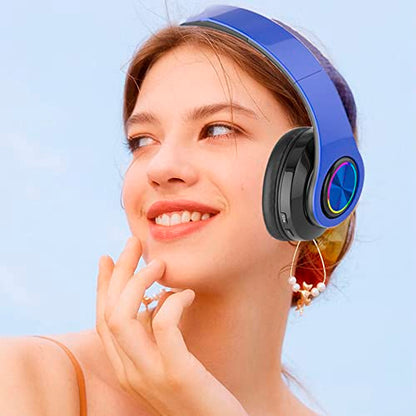 Wireless Bluetooth Headphones with Colorful LED Lights, Blue | Built-in Mic, Light Weight, Foldable, Wired HiFi Stereo Headphones for Classroom/Home Office/PC/Mobile Phone/Kids Adult - color: Blue