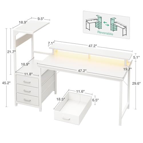 AODK Gaming Computer Desk w/PC Showcase Stand, 59" Reversible, RGB LED - color: White, size: 59 Inches