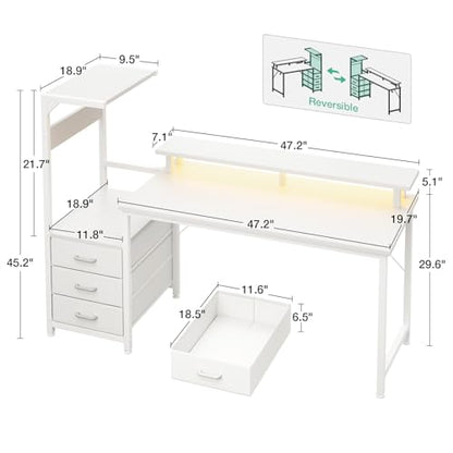 AODK Gaming Computer Desk w/PC Showcase Stand, 59" Reversible, RGB LED - color: White, size: 59 Inches