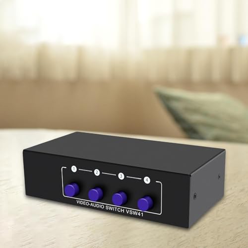 Audio Switcher 4 Way AV RCA Selector Switch Splitter Video Audio Adapter Metal Case Portable Design Suitable for Game Consoles DVD Player