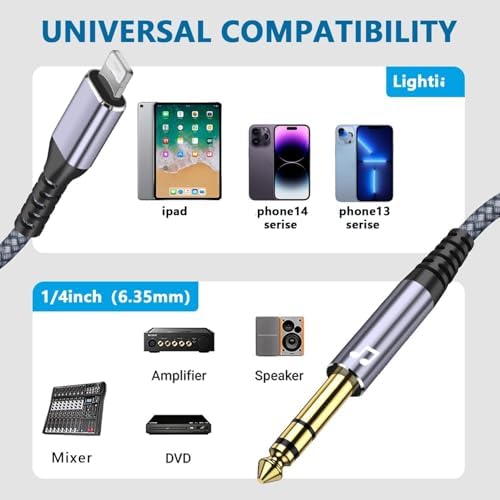 [MF Certified Lighting to 1/4 inch TRS Audio Stereo Cable, 6.6FT 6.35mm Quarter inch Aux Stereo Audio Cord Compatible with iPhone 14 Pro for Amplifier, Mixer, Home Theater, Speaker ect - size: 6.6FT, style: Lighting to 1/4 TRS Audio Cable