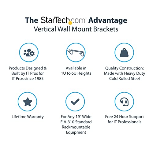 StarTech 5U Vertical Wall-Mount Rack Bracket, 19in, 200lb (RK519WALLV) | Low-profile open-frame L-shaped patch panel bracket, EIA-310, 90kg, Includes cage nuts and screws - size: 5U