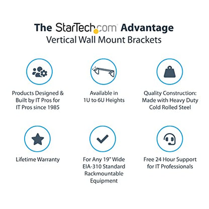StarTech 5U Vertical Wall-Mount Rack Bracket, 19in, 200lb (RK519WALLV) | Low-profile open-frame L-shaped patch panel bracket, EIA-310, 90kg, Includes cage nuts and screws - size: 5U