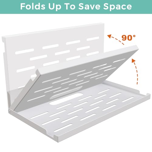 Router Shelf Wall Mount Foldable - 14" Width for Router and Modem | Fold Up Metal Shelf w/Cable Hole & Heat Vents | Space-Saving Holder for WiFi Devices/TV Box (14" W×8" D, White) - color: White (14-inch)