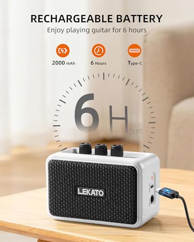 LEKATO Mini Guitar Amplifier AG-04, Dual Speakers 5W, Rechargeable Electric Guitar Amp Bluetooth with Clean Overdrive, 6H Working, Headphone Jack, Wireless Portable Small Amp for Practice (White) - color: White