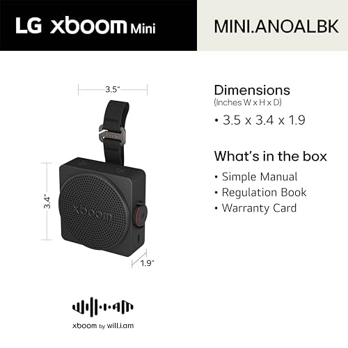 LG xboom Mini by will.i.am Portable Outdoor Bluetooth Speaker, up to 10 Hours, IP67 Dust and Water Resistant, Adjustable Hanging Strap, Black