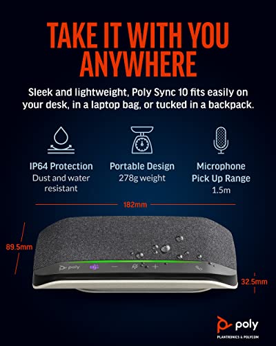 Poly Sync 10 USB Speakerphone (Plantronics) - Two-In-One Portable Speaker for Audio/Video Conference Calls & Music - USB Powered - Dual-Mic, Full-Duplex Audio - Works w/Teams (Certified), Zoom, & More