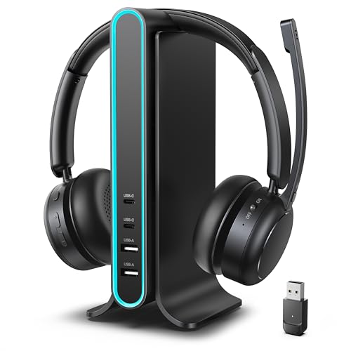 Bluetooth Headset, Wireless Headset with Mic for Work, Qualcomm Dongle, 5.4 Headsets with Microphone for Work, Wireless Noise Cancelling Headphones (Black)