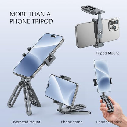 Phone Tripod Stand Foldable, PT-05 Pocket Cell Phone Tripod Mount Handle Smartphone Desk Stand Travel All in One Vlog Video Aluminium 2 Cold Shoe Small Size Lightweight Portable Stick