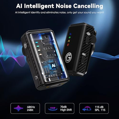 Wireless Microphone for iPhone/Android/Camera, AI Noise Cancelling with 56H Battery, 656ft Range & Internal Recording, Magnetic Clip-On for Streaming/Vlog/Interview