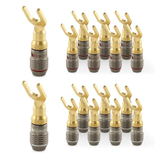 Nakamichi FanLock 24k Gold Plated Spade Y Connector Banana Plugs, 10-18 AWG | Excel Series, Gauge Size 4mm for Speakers Amplifier Hi-Fi Stereo Radio AV Audio Wire Cable Quick Connector, 16 Pcs (8-Pairs) - size: 16 Pcs (8-Pairs)
