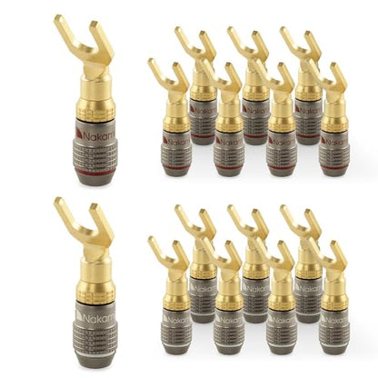Nakamichi FanLock 24k Gold Plated Spade Y Connector Banana Plugs, 10-18 AWG | Excel Series, Gauge Size 4mm for Speakers Amplifier Hi-Fi Stereo Radio AV Audio Wire Cable Quick Connector, 16 Pcs (8-Pairs) - size: 16 Pcs (8-Pairs)