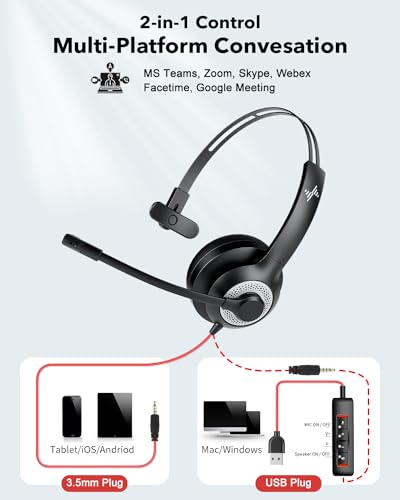 JIAMQISHI USB Headset with Mic for PC, On-Ear Computer Laptop Headphones with Noise Cancelling Microphone in-line Control for Home Office Online Class (USB+3.5mm Single Ear Headset, Black) - color: Black, style: USB+3.5mm Single Ear Headset